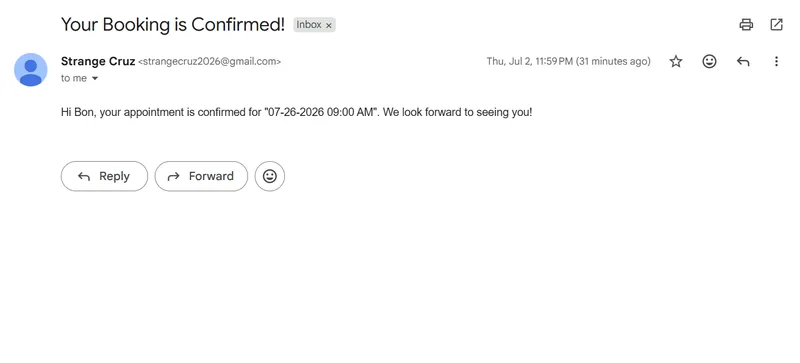 Confirmation email sent to the user with clean formatted date