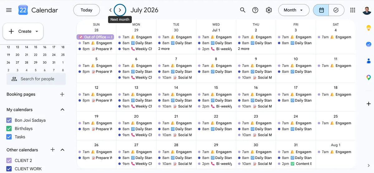 Google Calendar July 2026 month view showing recurring daily, weekly and bi-weekly events across two client calendars