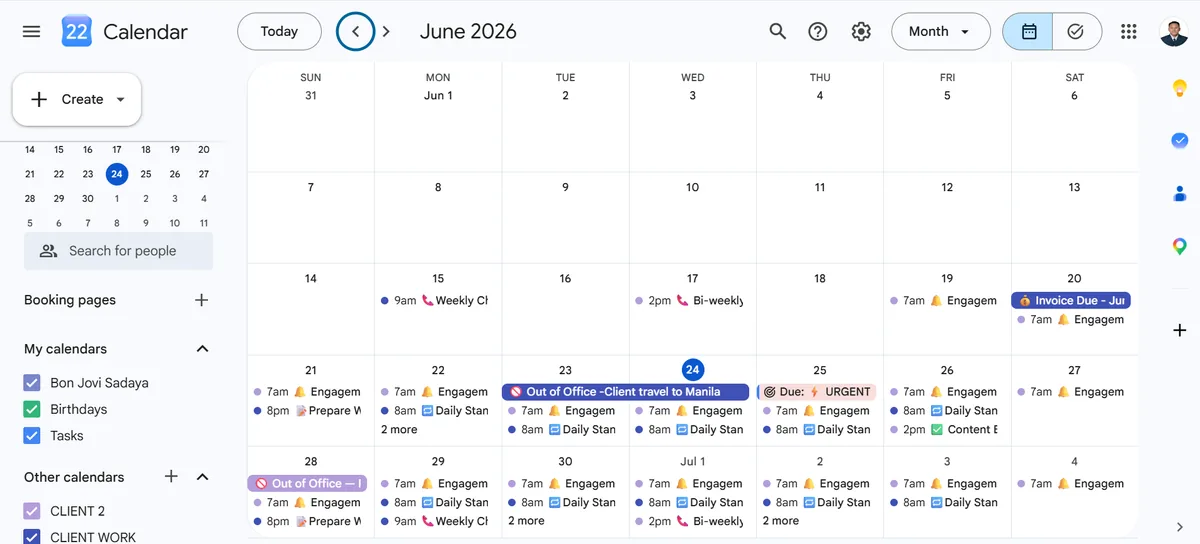 Google Calendar June 2026 month view showing Out of Office blocks, Invoice Due, and Urgent task events