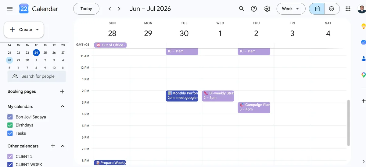 Google Calendar week view showing time-blocked meetings including Monthly Performance, Bi-weekly Strategy, and Campaign Planning