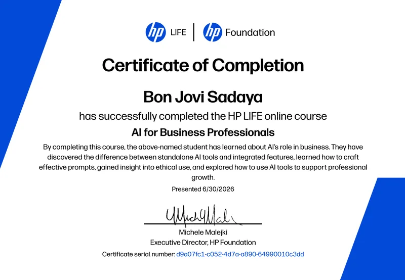 HP LIFE — AI for Business Professionals Certificate of Completion