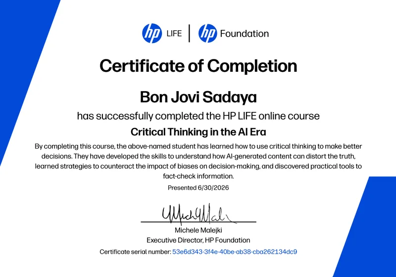 HP LIFE — Critical Thinking in the AI Era Certificate of Completion