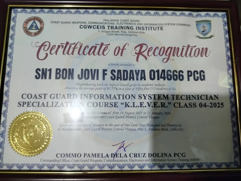 Certificate of Recognition — Highest Academic Grade