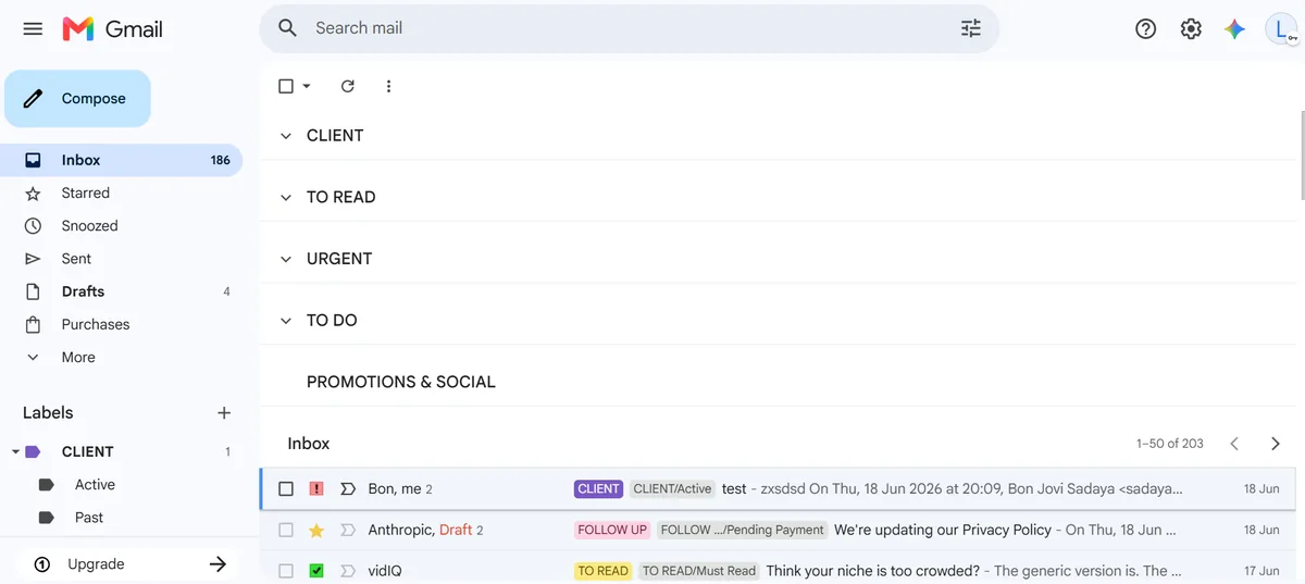 Gmail inbox showing labeled sections: CLIENT, TO READ, URGENT, TO DO, PROMOTIONS