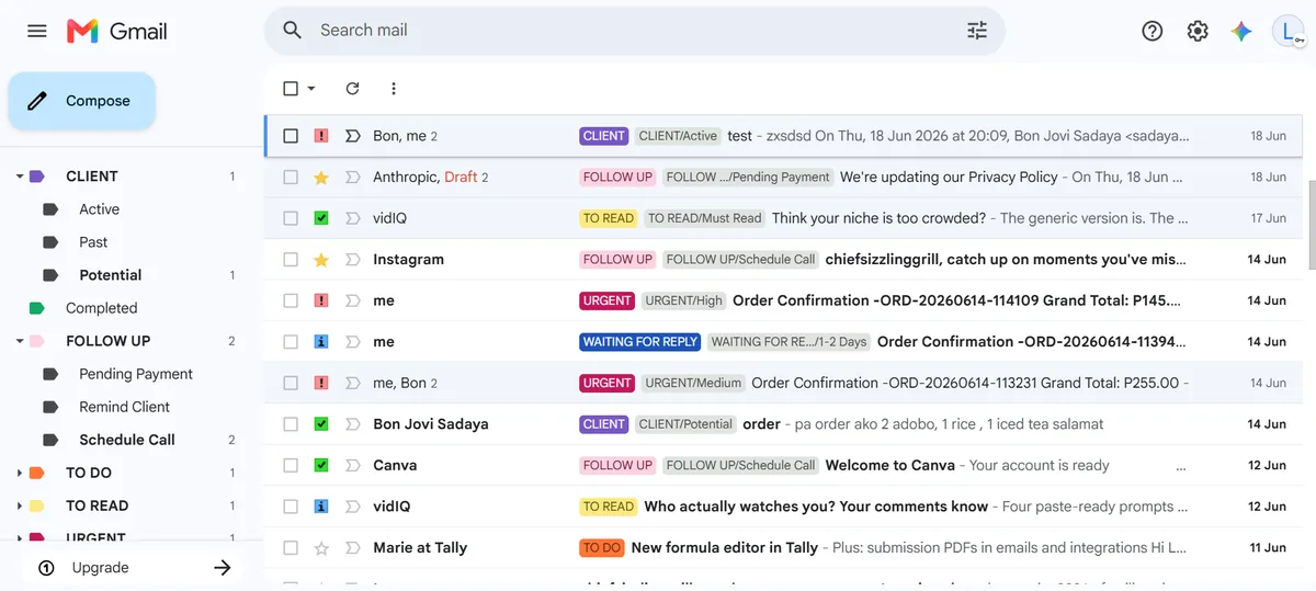 Gmail inbox showing full label and star system with CLIENT, FOLLOW UP, URGENT, TO DO, WAITING FOR REPLY labels