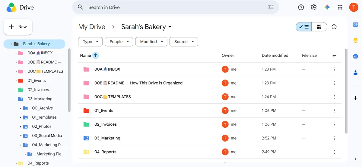 Google Drive showing Sarah's Bakery folder structure with numbered and color-coded folders