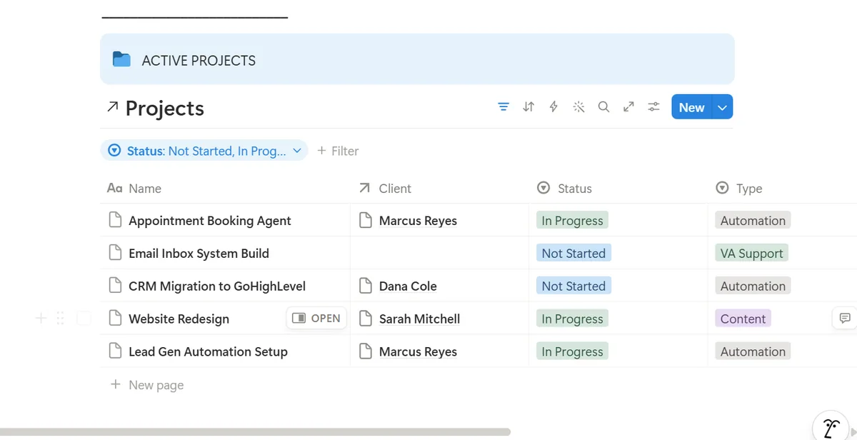Notion Projects database showing linked Client relation column