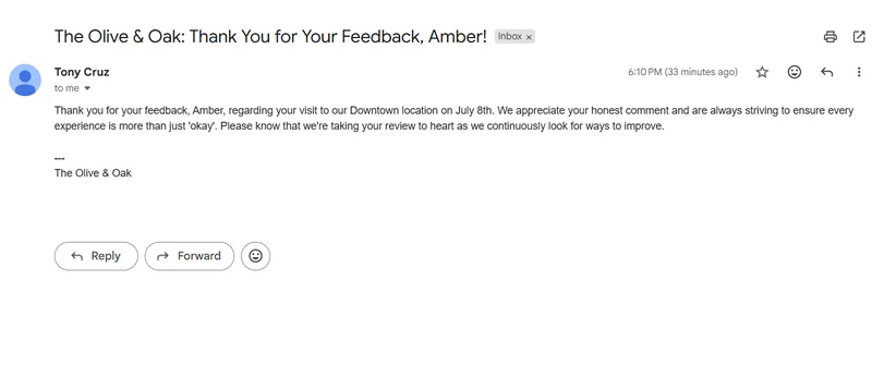 Direct customer email for a neutral review, warm and light in tone