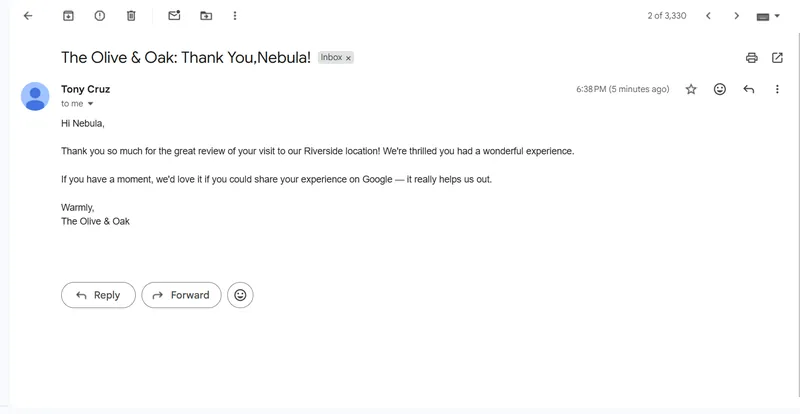 Templated thank-you email for a positive review