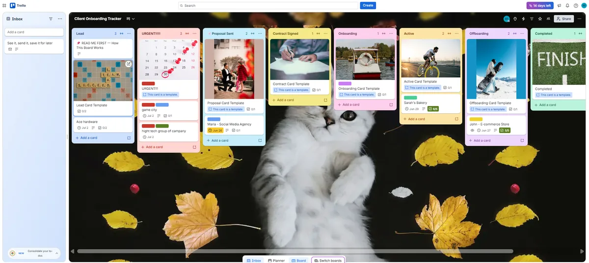 Live Trello board showing all 7 pipeline stages with real client cards