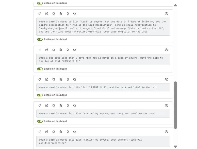 Butler rules showing new lead setup, urgent flag, label assignment, and audit comment rules